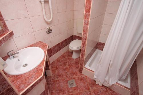 La salle de bains est pourvue d'un lavabo, de toilettes et d'une douche. dans l'établissement Apartments by the sea Dajla, Novigrad - 3371, à Novigrad