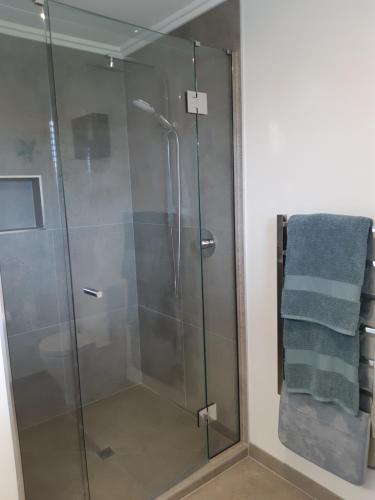 a glass shower in a bathroom with a towel at Seascape Hideaway Pohara in Pohara