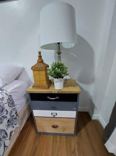 a bedside table with a lamp and a plant on it at Regal425 Condotel in Angeles