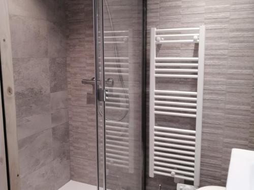 une douche avec une porte vitrée dans une salle de bain dans l'établissement Appartement rénové proche centre, 2 cabines, balcon, WIFI gratuit - FR-1-346-539, à Arc 2000