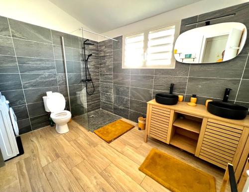 a bathroom with a shower and a toilet and a sink at BaHaTi in Saint-Pierre