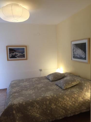 a bedroom with a bed with two pillows on it at Gil's Guest Rooms in Neve Zohar