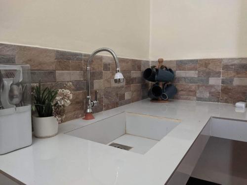- un comptoir de cuisine avec un évier et un robinet dans l'établissement Miguel's Homestay, à Pañge