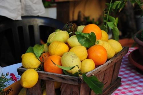 a wooden basket filled with oranges and lemons on a table at Agriturismo del Pigato - Bio Vio in Albenga