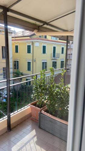 een balkon met twee potplanten op een gebouw bij Civico 28 in Pescara