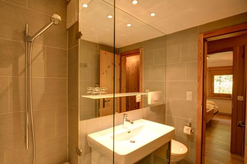 a bathroom with a sink and a shower at Chesa Munteratsch 2-Zimmerwohnung 101 Typ E in Silvaplana