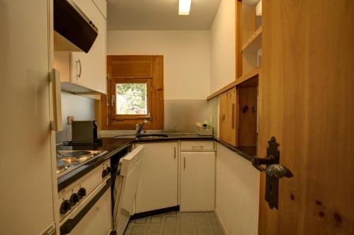a small kitchen with white cabinets and a sink at Chesa Munteratsch 2-Zimmerwohnung 101 Typ E in Silvaplana