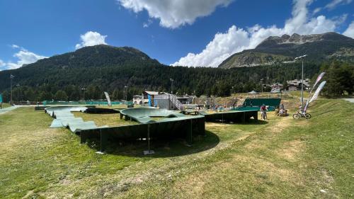 a group of boats in a field with mountains in the background at Chesa Munteratsch 2-Zimmerwohnung 101 Typ E in Silvaplana
