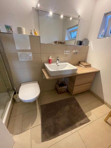 a bathroom with a sink and a toilet and a mirror at A Home away from Home in Ravensburg