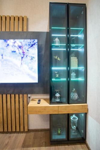 a glass cabinet with a tv in it at Nino's Cosy Apartment in Kutaisi