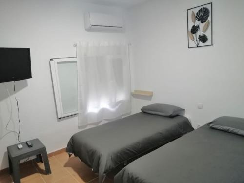 sypialnia z 2 łóżkami, lustrem i telewizorem w obiekcie La Callejuela w mieście Villarejo de Salvanés