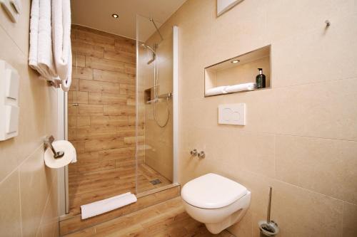 a bathroom with a toilet and a shower at Hotel SCHNEIDER in Allersberg