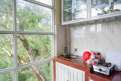 Makale的住宿－RedDoorz at Makale Tana Toraja，厨房设有水槽和窗户。