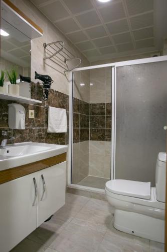 a bathroom with a shower and a toilet and a sink at Güven House İstanbul in Istanbul