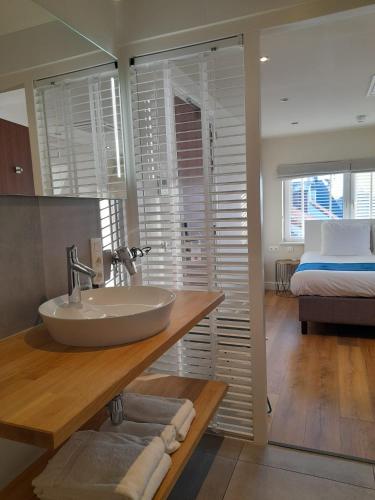 a bathroom with a sink and a bed at Hotel Sanders de Paauw in Sluis