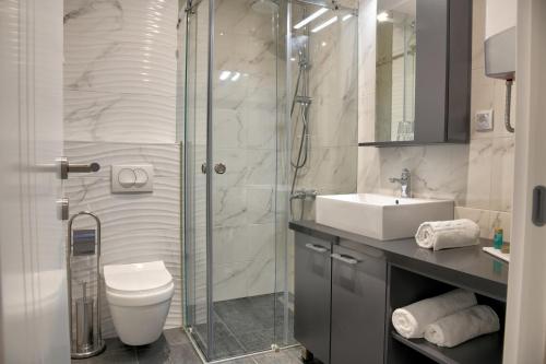 a bathroom with a shower and a toilet and a sink at Apart Hotel Maksimum in Belgrade