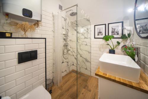 a bathroom with a sink and a glass shower at Dluga 66 Attic in Gdańsk