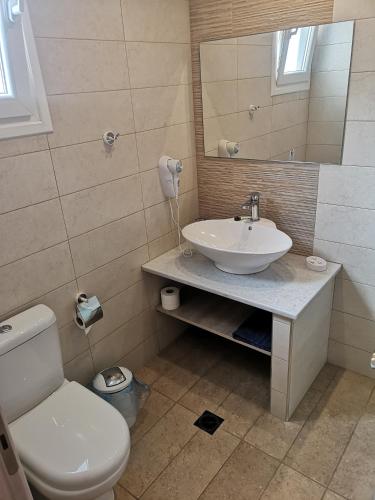a bathroom with a sink and a toilet and a mirror at Porfyris Studios and Apartments in Karpathos Town