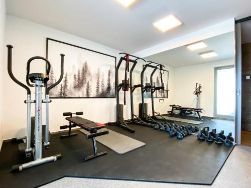 a gym with several treadmills and exercise bikes at Lakeview Villa Bled in Bled
