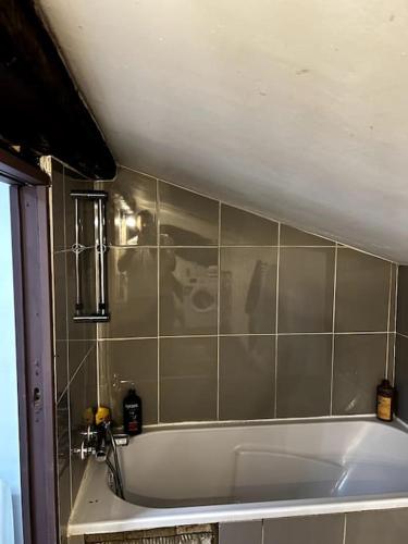 La salle de bains est pourvue d'une baignoire et de carrelage. dans l'établissement Pépite rare 8 personnes au cœur battant du Vieux Lyon, à Lyon