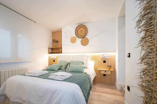 1 dormitorio con 1 cama grande con sábanas verdes en Palomar de Corrida Atico con terraza, en Gijón