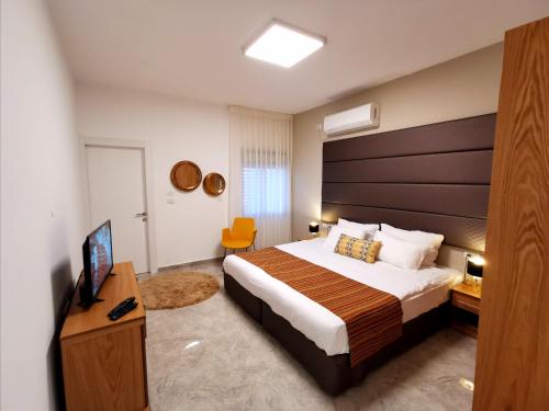 - une chambre avec un grand lit et une télévision dans l'établissement Villa Tzukim Mitzpe Ramon, à Mitzpe Ramon