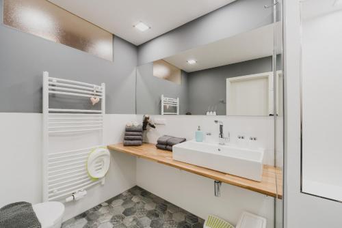 a bathroom with a white sink and a mirror at HarzLodge Emma in Braunlage
