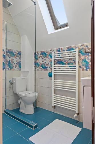a bathroom with a toilet and a glass shower at Pensiunea Podul Simonului in Bran