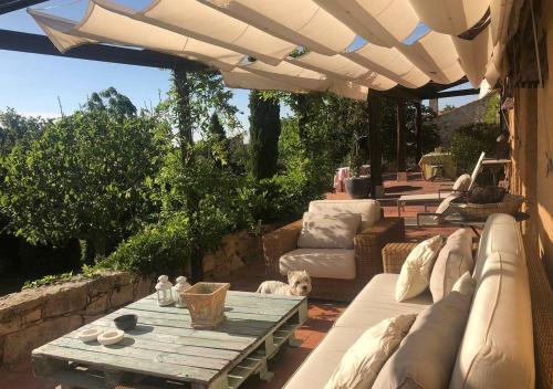 a patio with a couch and a table under an umbrella at La Casa Rota Arahuetes in Arahuetes