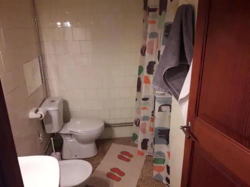 y baño con aseo y cortina de ducha. en Casa de pueblo en Vilafranca, en Vilafranca de Bonany