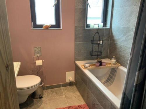 a bathroom with a toilet and a tub and a sink at Wohnung Midcoast im Herzen von Schleswig-Holstein in Nortorf