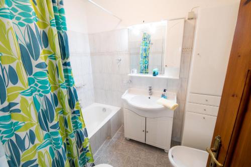 a bathroom with a sink and a shower curtain at Chrysanthe [ Portaria ] Traditional Pelion House in Portariá