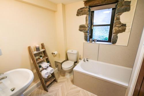 y baño con aseo, bañera y lavamanos. en Kestrel Cottage en Builth Wells