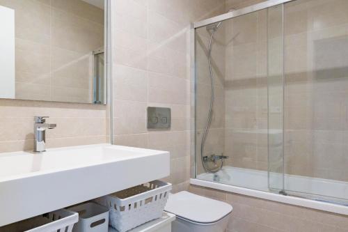 La salle de bains est pourvue d'un lavabo, de toilettes et d'une douche. dans l'établissement Apartamento Málaga Halia, à Malaga