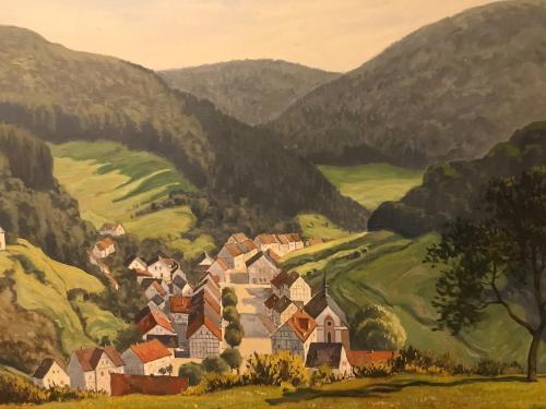 a painting of a village in the mountains at "Altes Haus" am Kurpark in den Bergen in Zorge