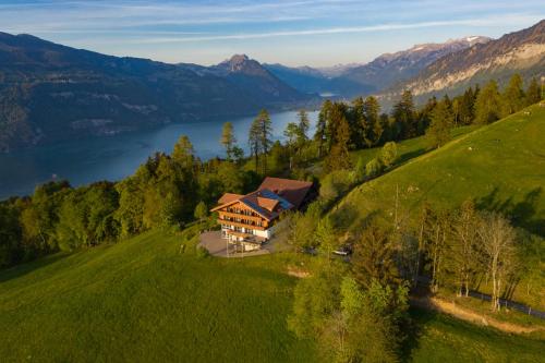 an aerial view of a house on a hill with a lake at Auszeit-Hotel Z Aeschiried in Aeschi