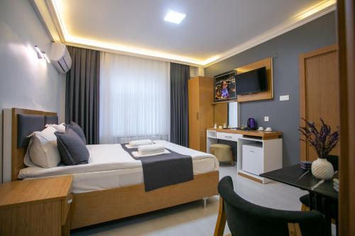 een hotelkamer met een bed, een bureau en een bureau bij BLAU GRÜN İSTANBUL OTEL in Istanbul