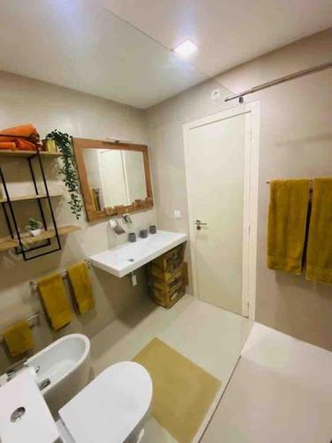 a bathroom with a toilet and a sink and a mirror at Cabedelo Beach Loft in Darque