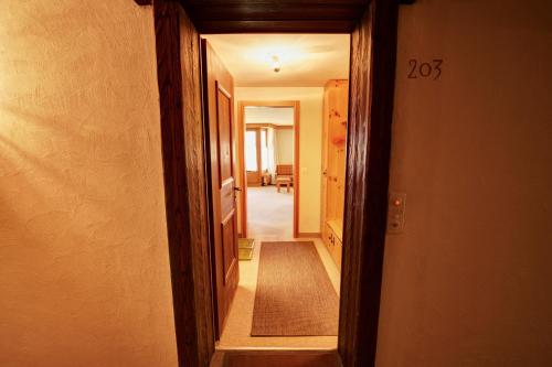 a hallway leading to a room with a hallway leading into a room with a door at Chesa Munteratsch 1-Zimmerwohnung 203 Typ B in Silvaplana