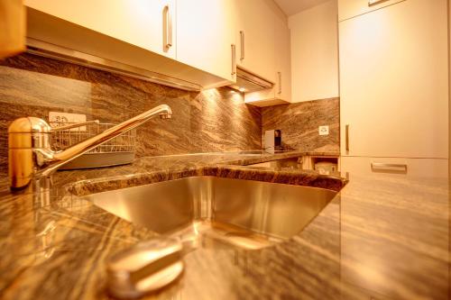 una cucina con lavandino in acciaio inossidabile e bancone di Chesa Munteratsch 1-Zimmerwohnung 306 Typ B a Silvaplana