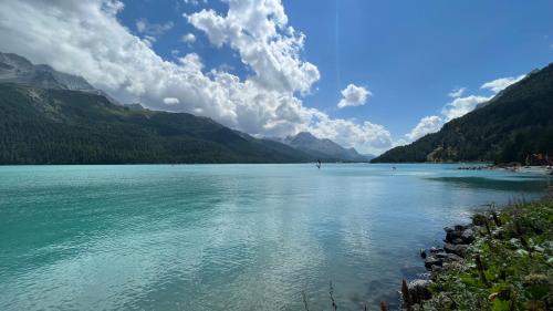 a large body of water with mountains in the background at Chesa Munteratsch 1 1 2-Zimmerwohnung 209 Typ D in Silvaplana