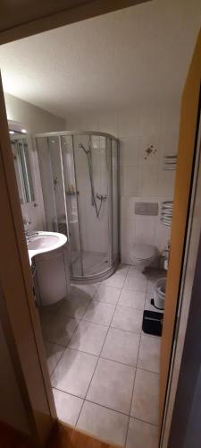 a bathroom with a shower and a sink at Ferienwohnung nähe Madrisa in Klosters