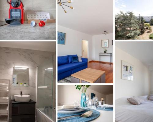 un collage de photos d'une chambre avec un canapé bleu dans l'établissement Grand 3 pièces Créteil -20minutes de Paris !, à Créteil