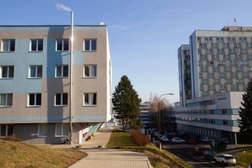 een gebouw op een straat in een stad met gebouwen bij Apartmán Roosevelt in Banská Bystrica