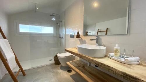 a bathroom with a sink and a shower and a toilet at Casas Fonte da Tapada in Trancoso