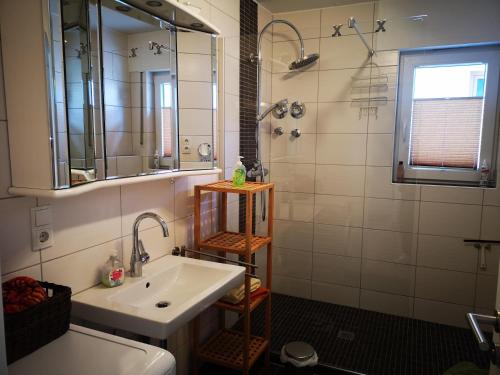 a bathroom with a sink and a shower with a mirror at Bio-Ferienweingut Leyendecker in Kattenes