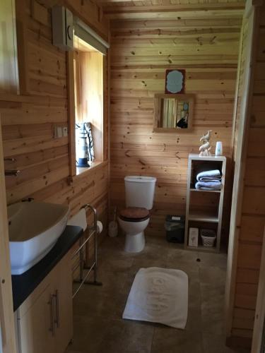 a wooden bathroom with a toilet and a sink at Norwegian Log Cabin The Roe Deer -sauna & hot tub in Keith