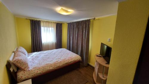 um pequeno quarto com uma cama e uma televisão em Casa de vacanta La Ticu em Cîndeşti
