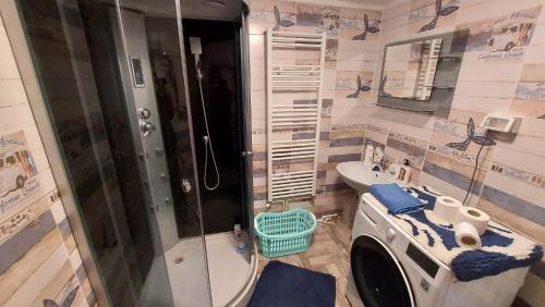 uma casa de banho com um chuveiro, um WC e um lavatório. em Casa de vacanta La Ticu em Cîndeşti