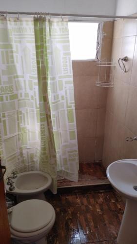 y baño con aseo, lavamanos y cortina de ducha. en Departamento Asaï Malargüe en Malargüe